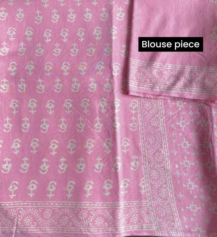 Soft Pink Hand Block Print Mulmul Cotton Saree