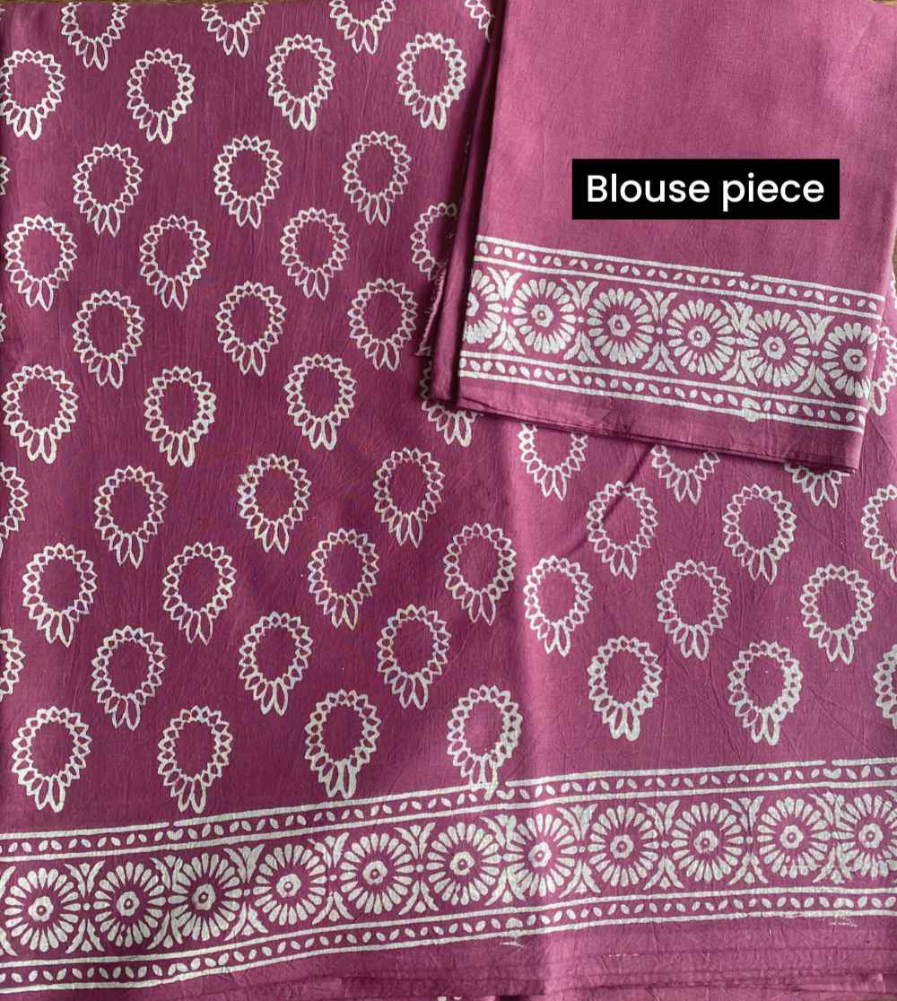 Berry Plum Hand Block Print Mulmul Cotton Saree
