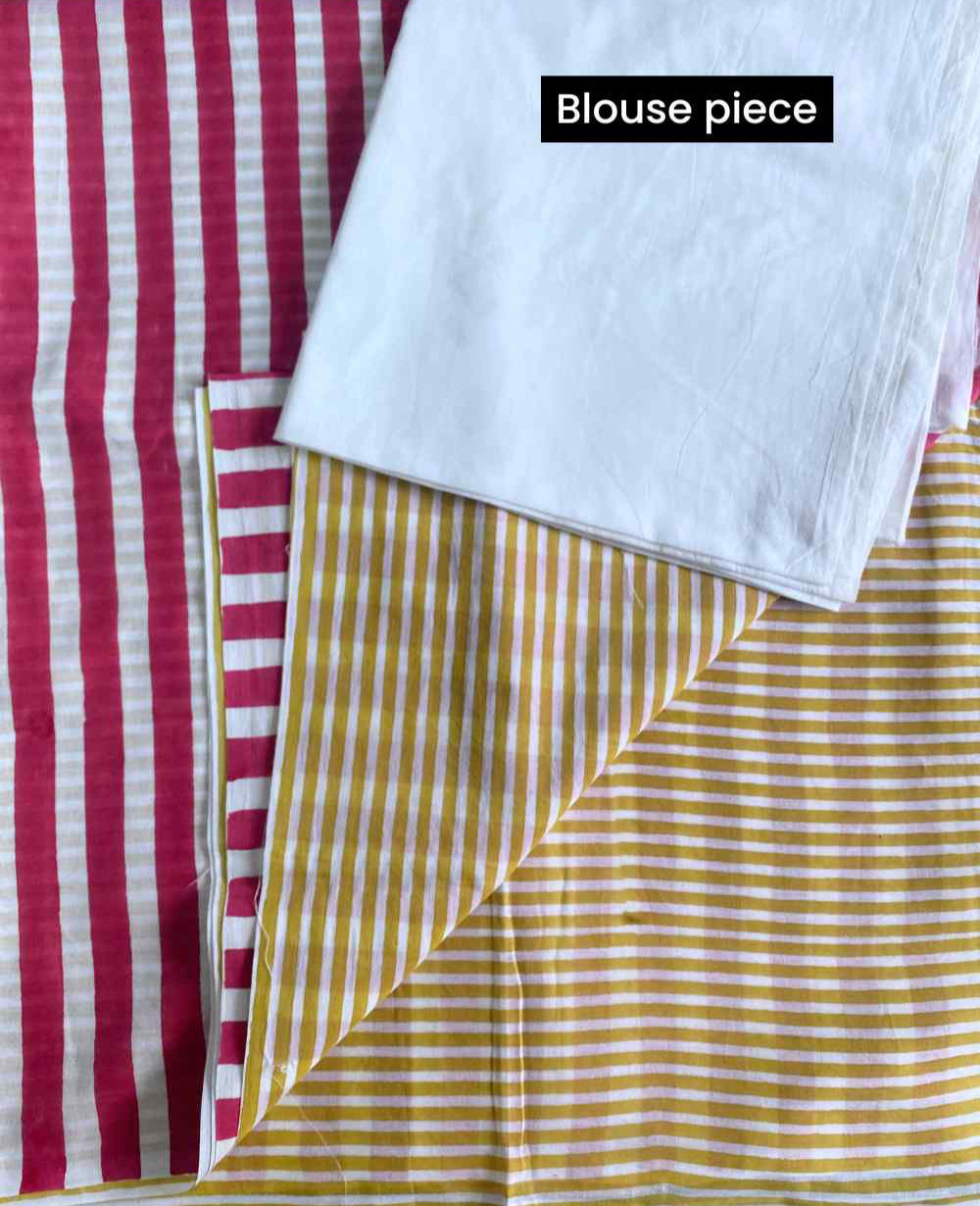 Candy Stripes Hand Block Print Mulmul Cotton Saree