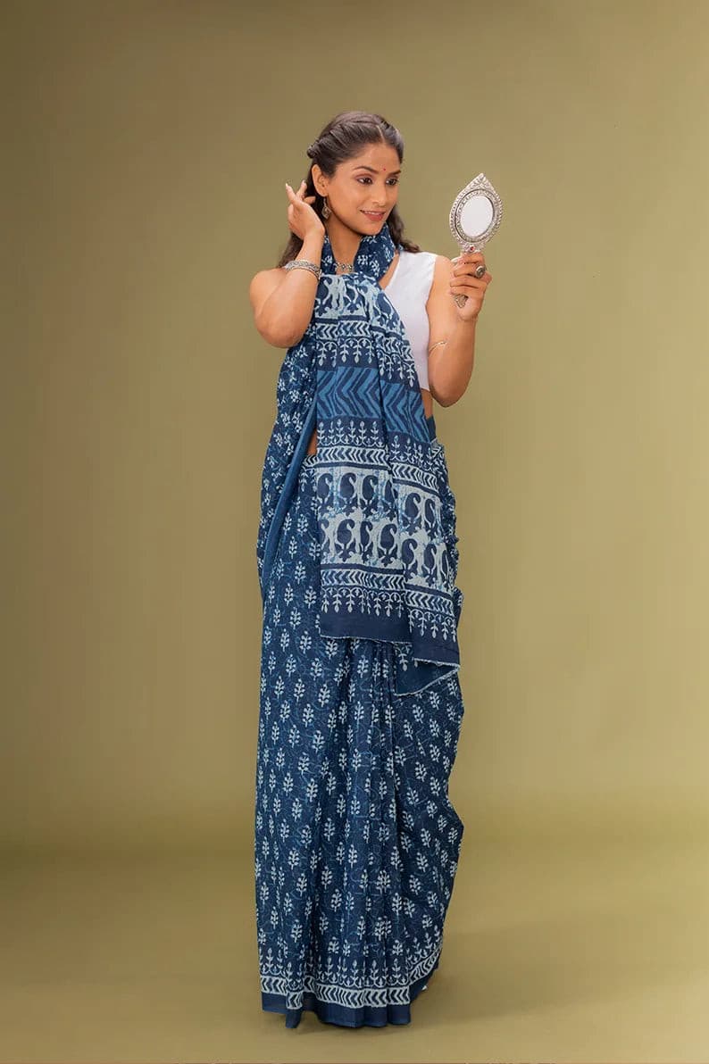 Indigo Neelam - Mulmul Cotton Pre-stitched Ready to Wear Saree with Pocket