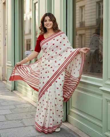 Little Hearts Hand Block Print Mul Mul Cotton Saree