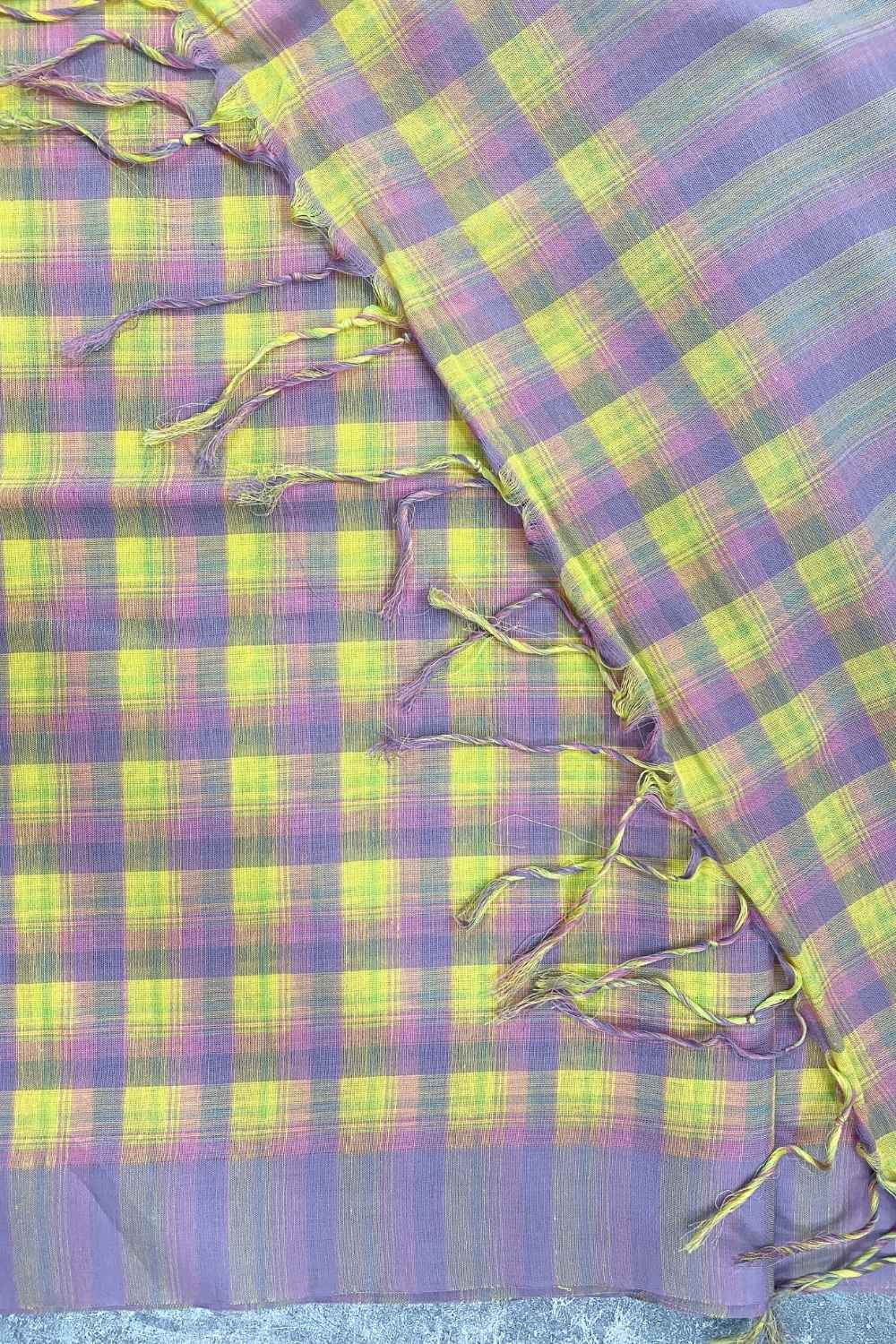First Light - Lavender & Yellow Checked Organic Cotton Saree