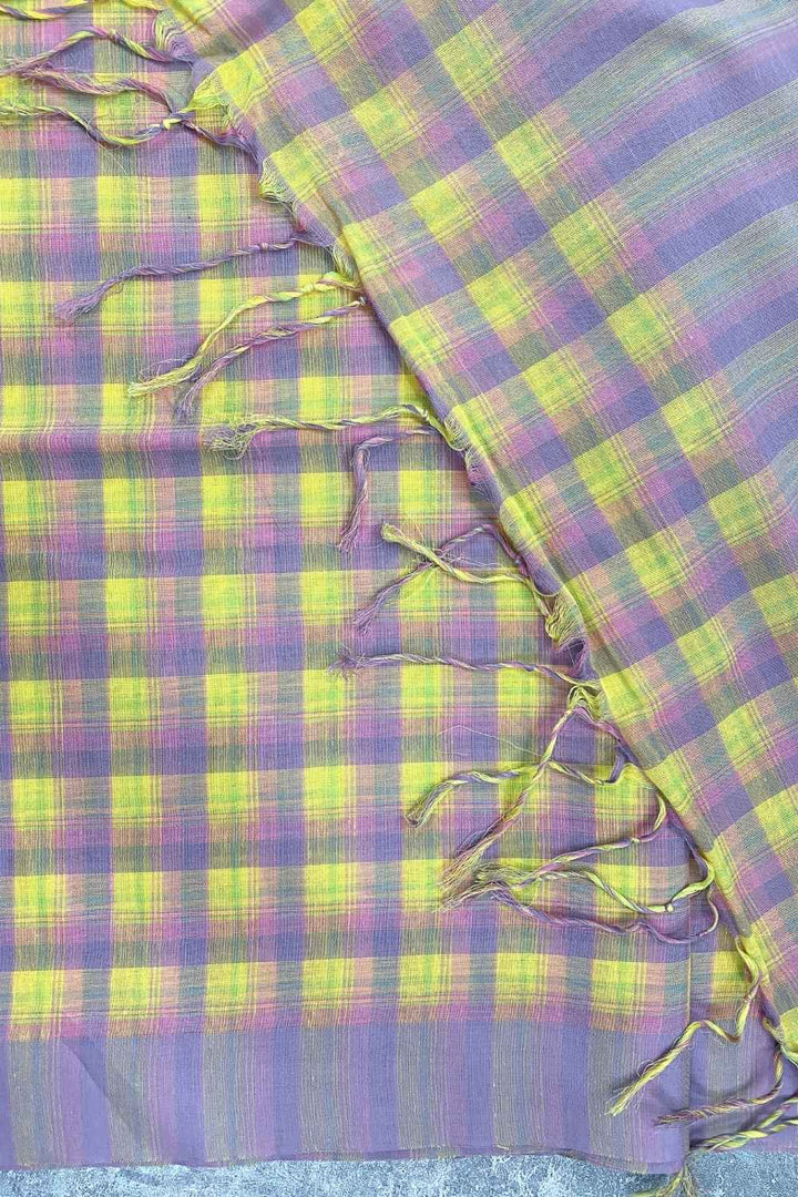 First Light - Lavender & Yellow Checked Organic Cotton Saree