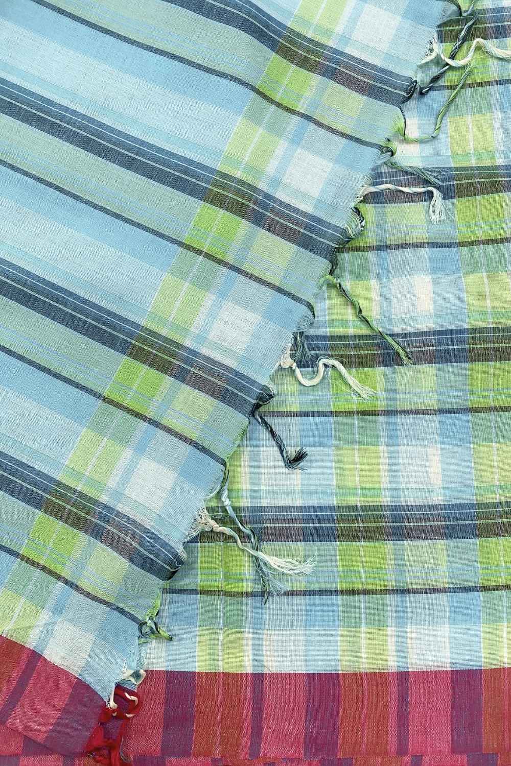 On the Clock - Turquoise & Green Checked Organic Cotton Pre-stitched Ready to Wear Saree with Pocket