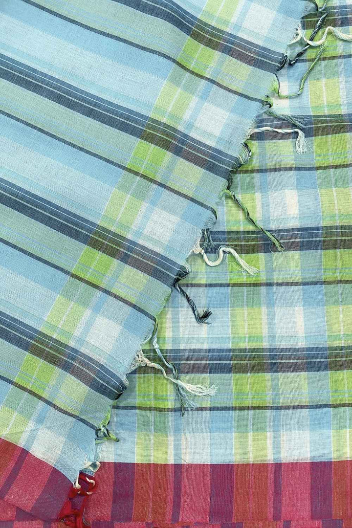 On the Clock - Turquoise & Green Checked Organic Cotton Pre-stitched Ready to Wear Saree with Pocket