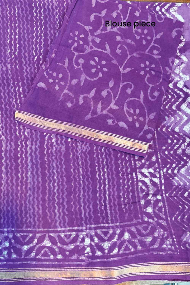 A Violet Summer Dabu Block Printed Cotton Zari Pre-stitched Ready to Wear Saree with Pocket