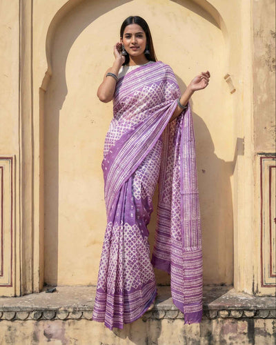 Soft Lilac Hand Block Print Dabu Silk Saree