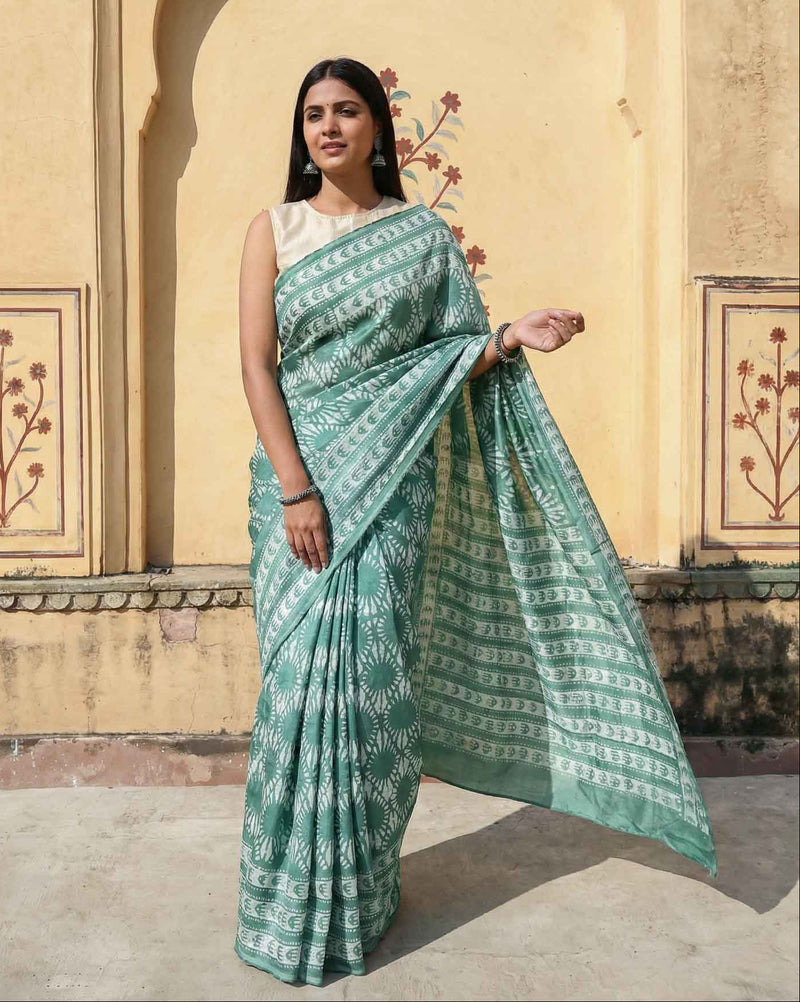 Green Mist Hand Block Print Dabu Silk Saree