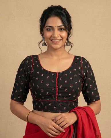 Rekha Cotton Blouse Black with contrast piping