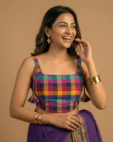 Multicolor Madras Checks Cotton Handwoven Corset Blouse