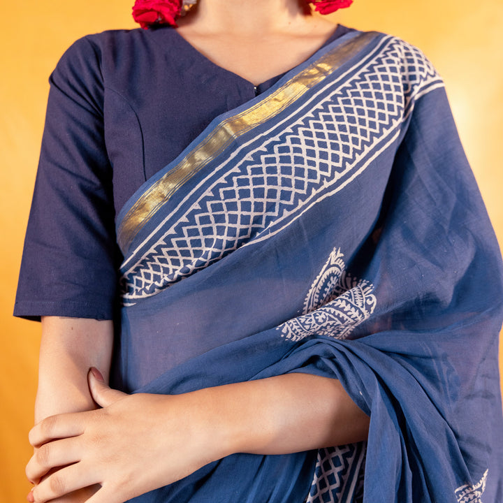 Dark blue Cotton V neck Readymade Blouse with Elbow Sleeves