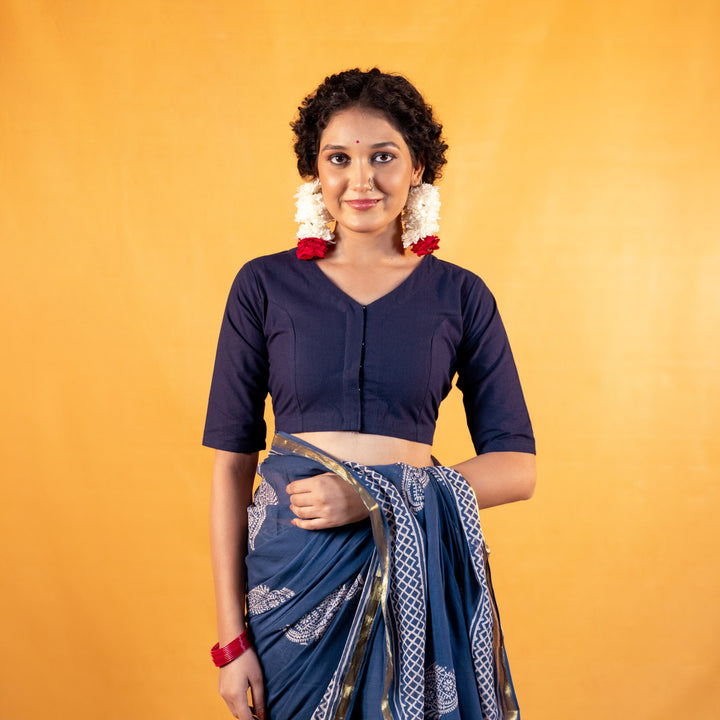 Dark blue Cotton V neck Readymade Blouse with Elbow Sleeves
