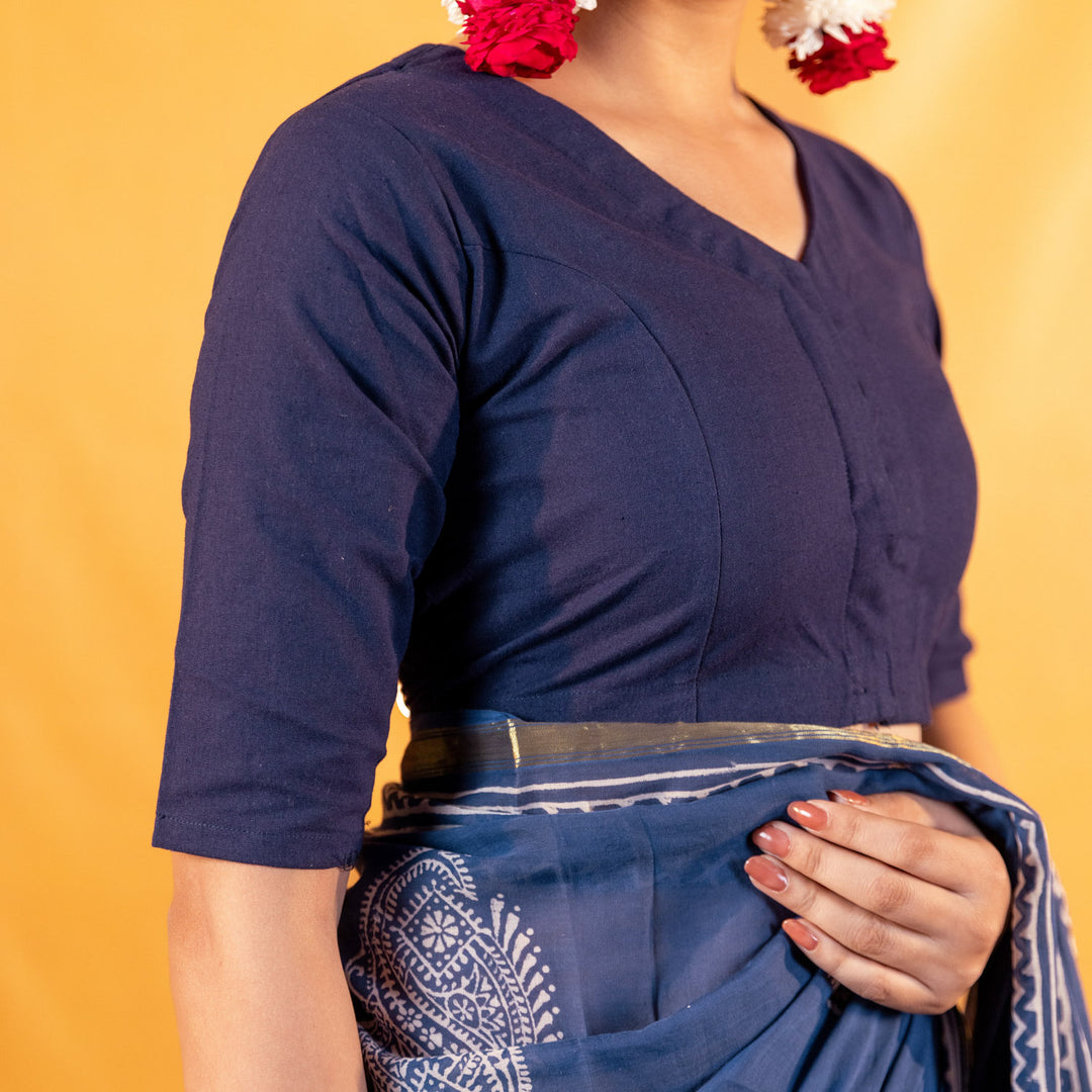 Dark blue Cotton V neck Readymade Blouse with Elbow Sleeves