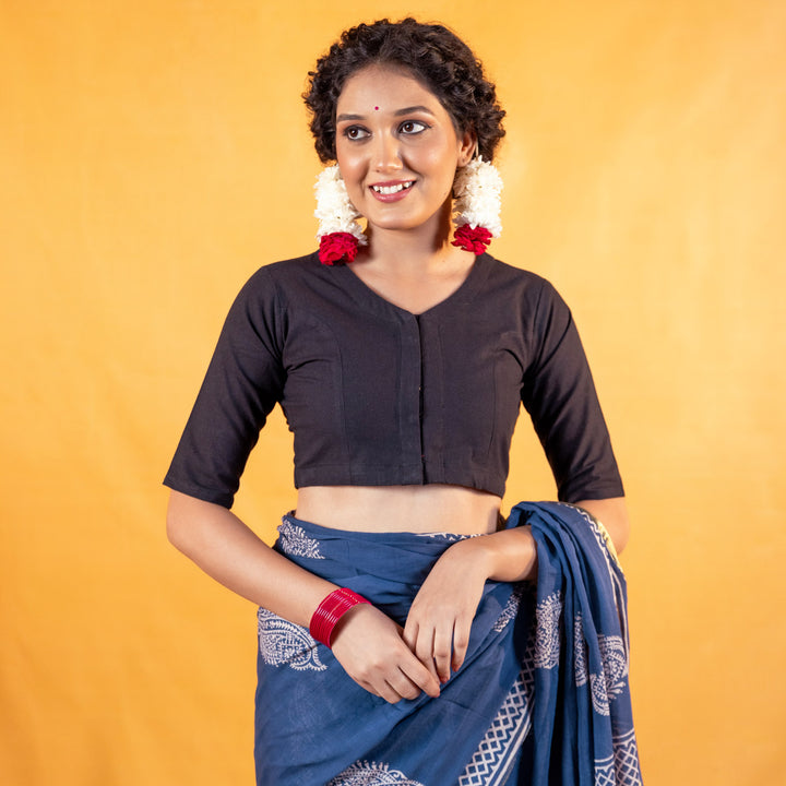 Dark blue Cotton V neck Readymade Blouse with Elbow Sleeves