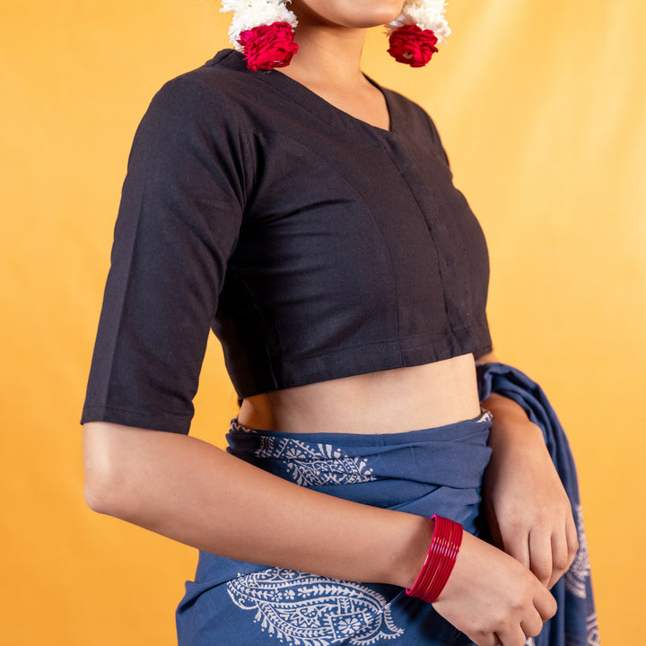 Dark blue Cotton V neck Readymade Blouse with Elbow Sleeves