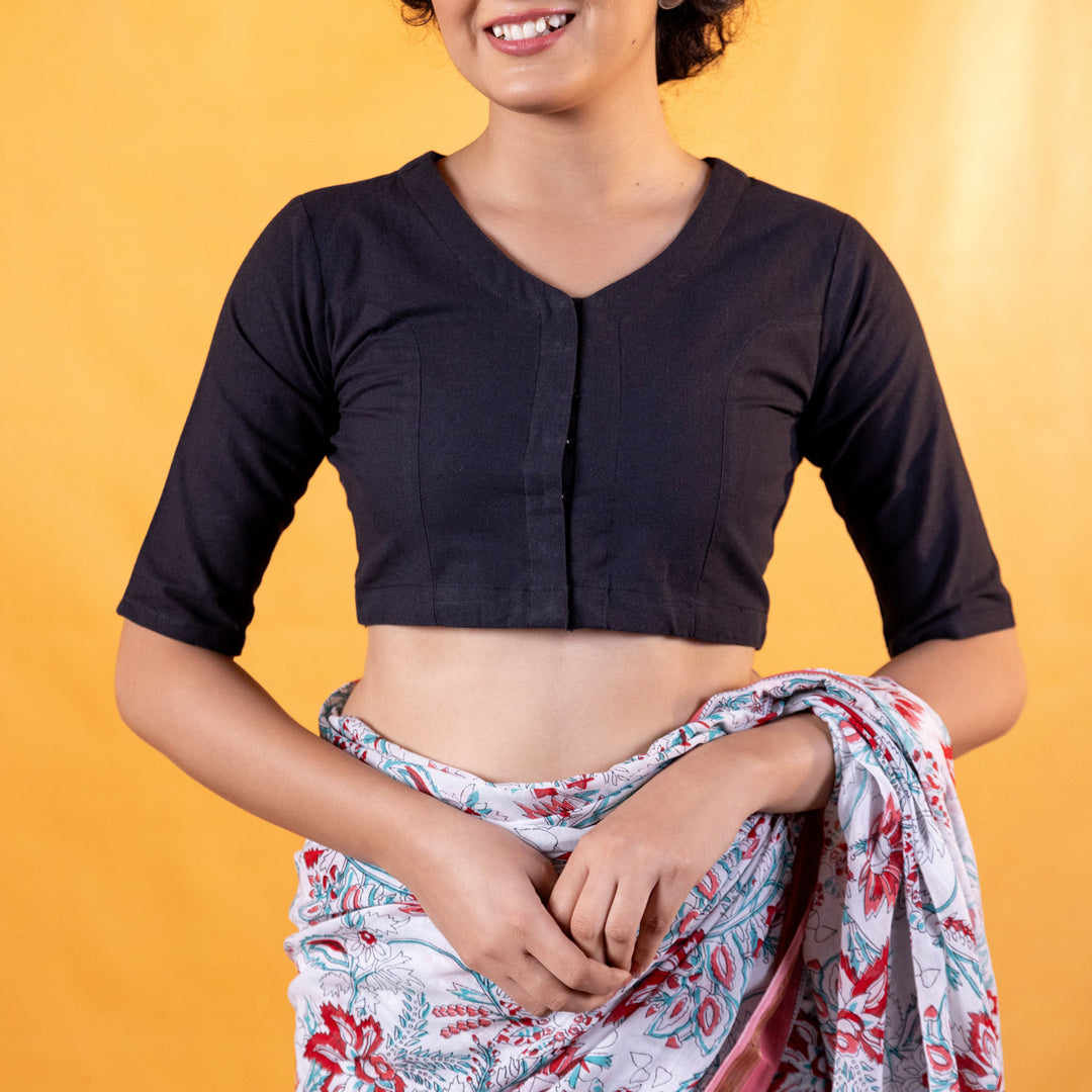 Black Cotton V neck Readymade Blouse with Elbow Sleeves