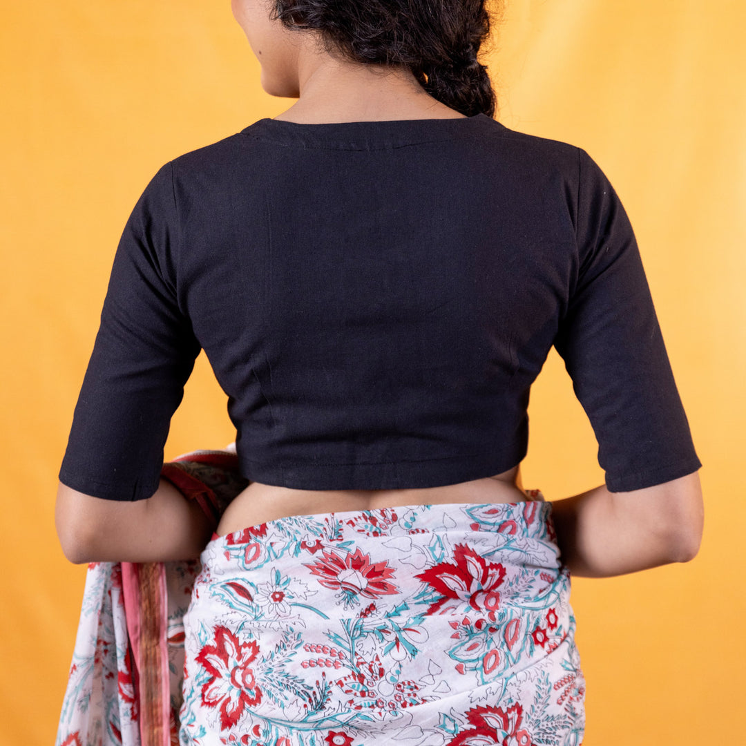 Black Cotton V neck Readymade Blouse with Elbow Sleeves