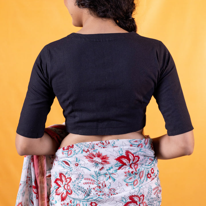 Black Cotton V neck Readymade Blouse with Elbow Sleeves