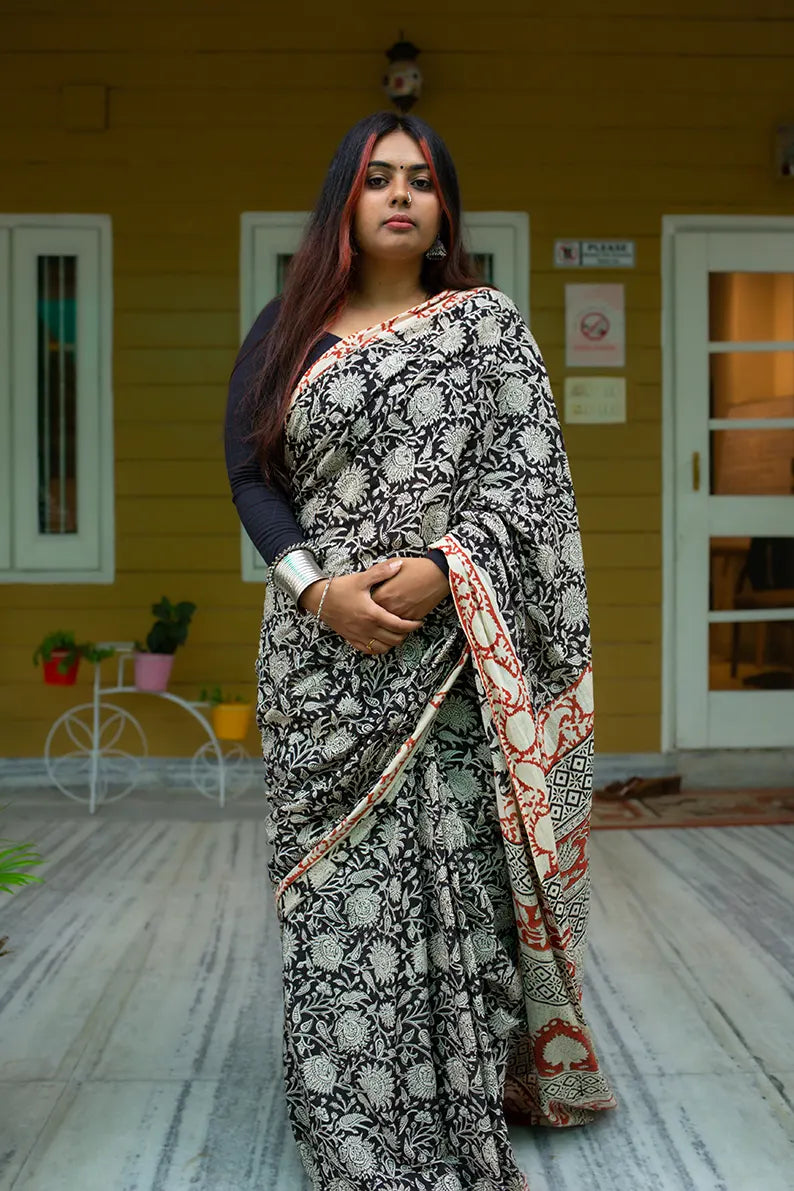 Tangled Treasures - Hand Block Print Mulmul Cotton Bagru Saree