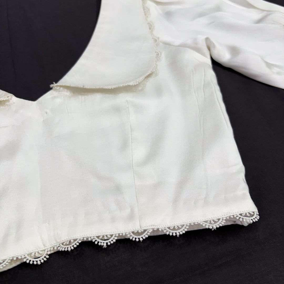 Vintage White Satin V-neck Blouse with Peter Pan Collar & Puff Sleeves