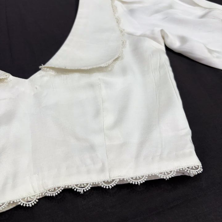 Vintage White Satin V-neck Blouse with Peter Pan Collar & Puff Sleeves