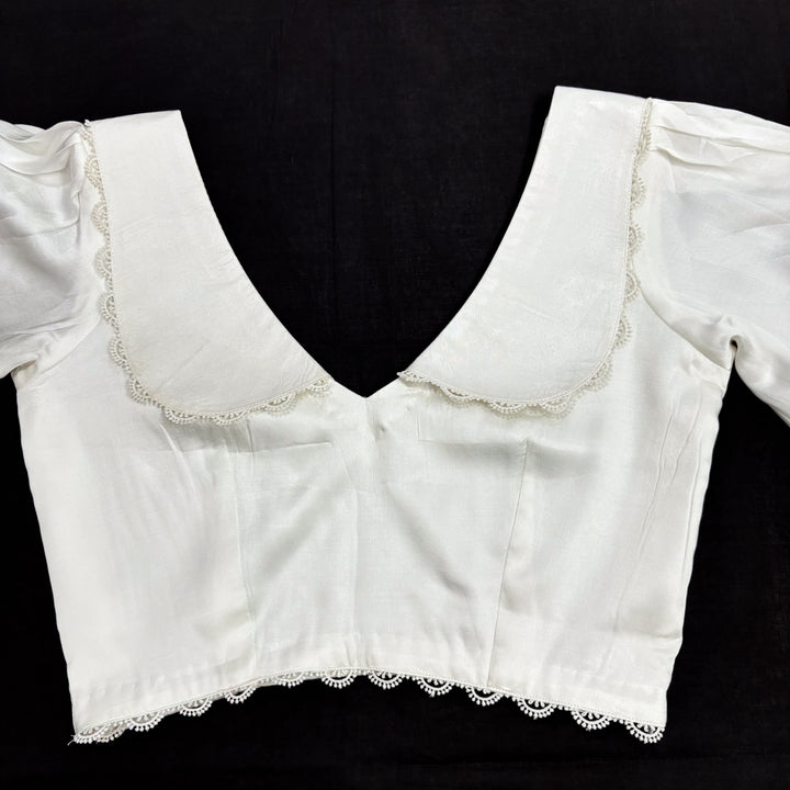 Vintage White Satin V-neck Blouse with Peter Pan Collar & Puff Sleeves