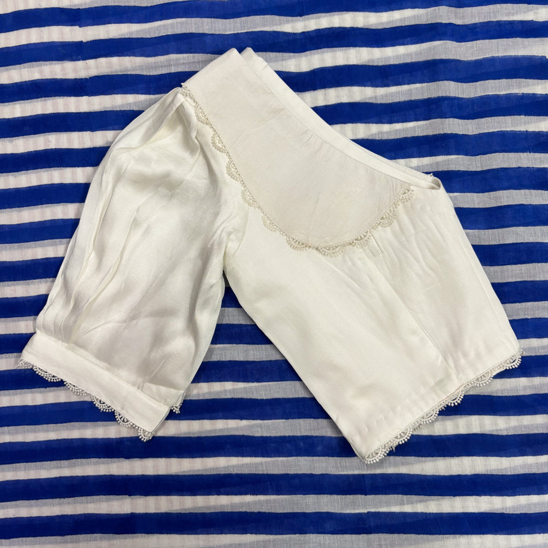 Vintage White Satin V-neck Blouse with Peter Pan Collar & Puff Sleeves