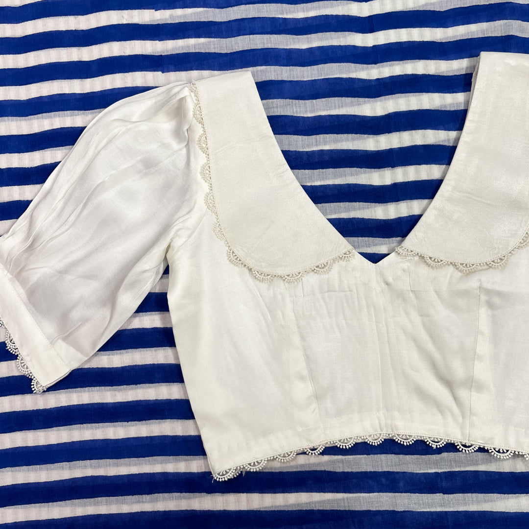 Vintage White Satin V-neck Blouse with Peter Pan Collar & Puff Sleeves