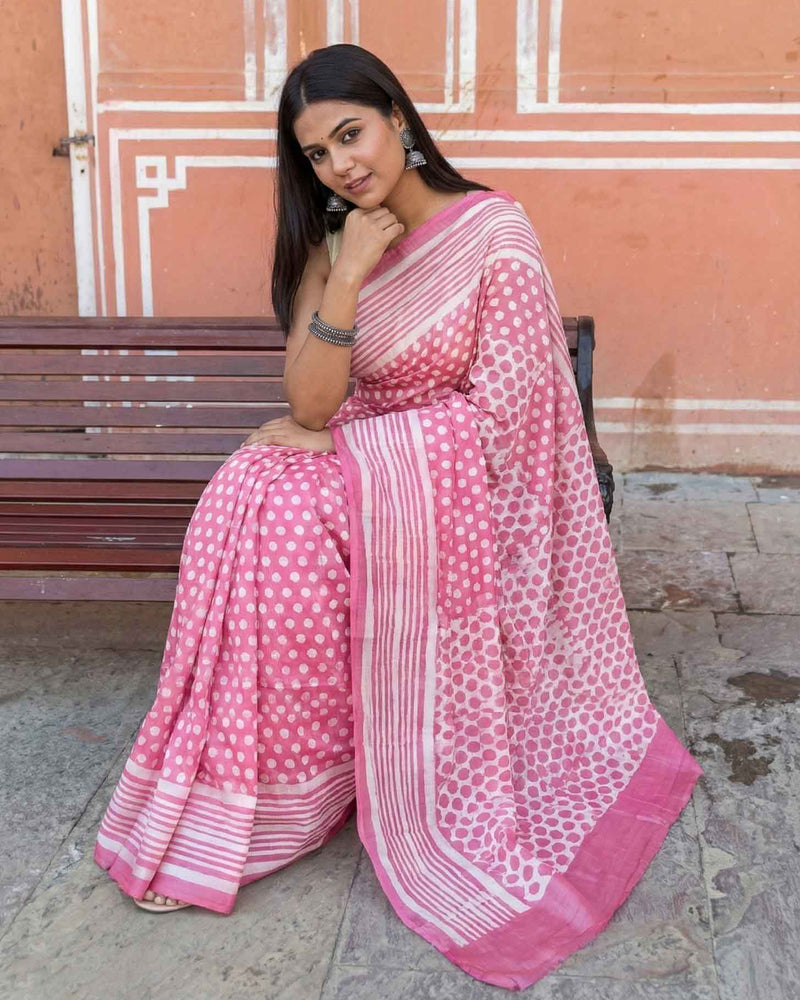 Pink Blush Hand Block Print Dabu Silk Saree