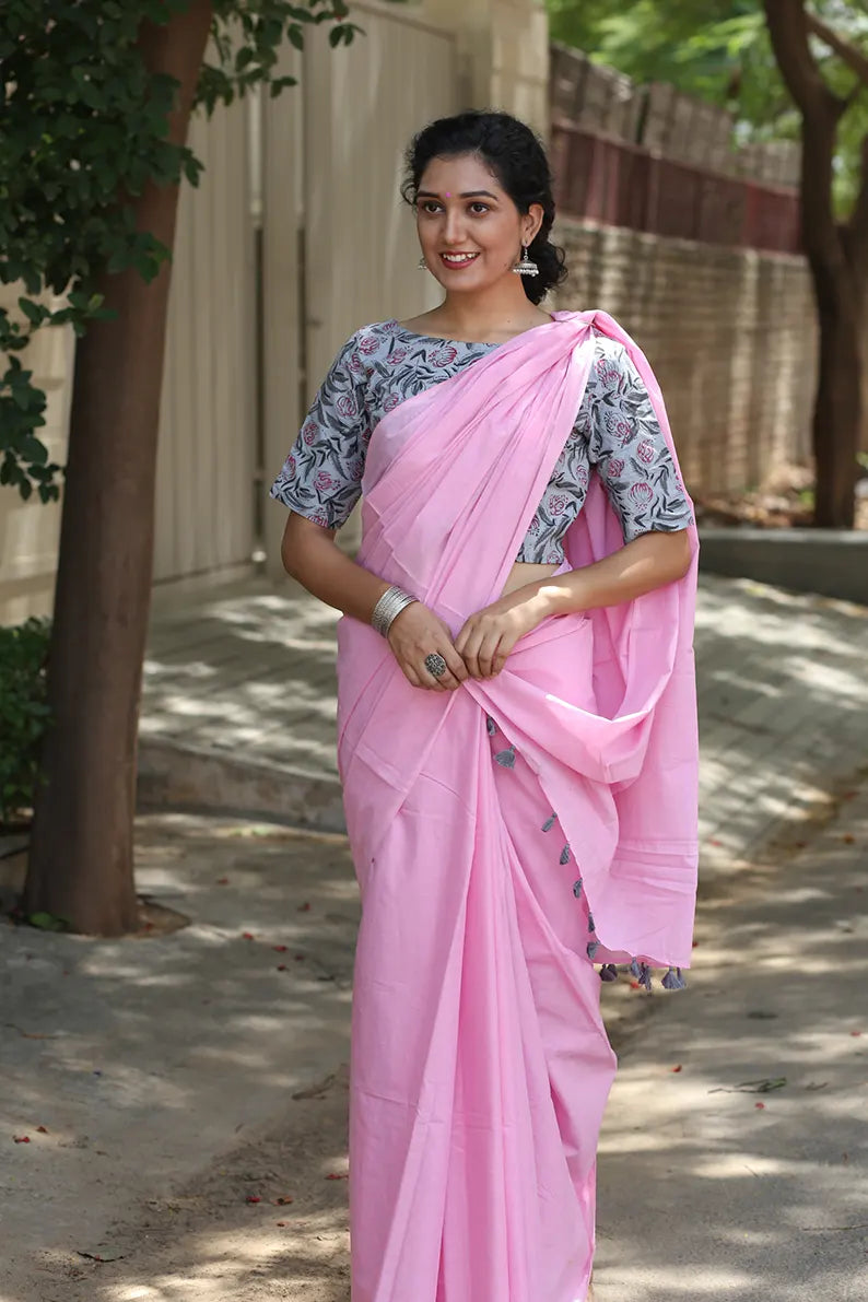 Candyfloss Pink - Mulmul Cotton Saree with Tassels