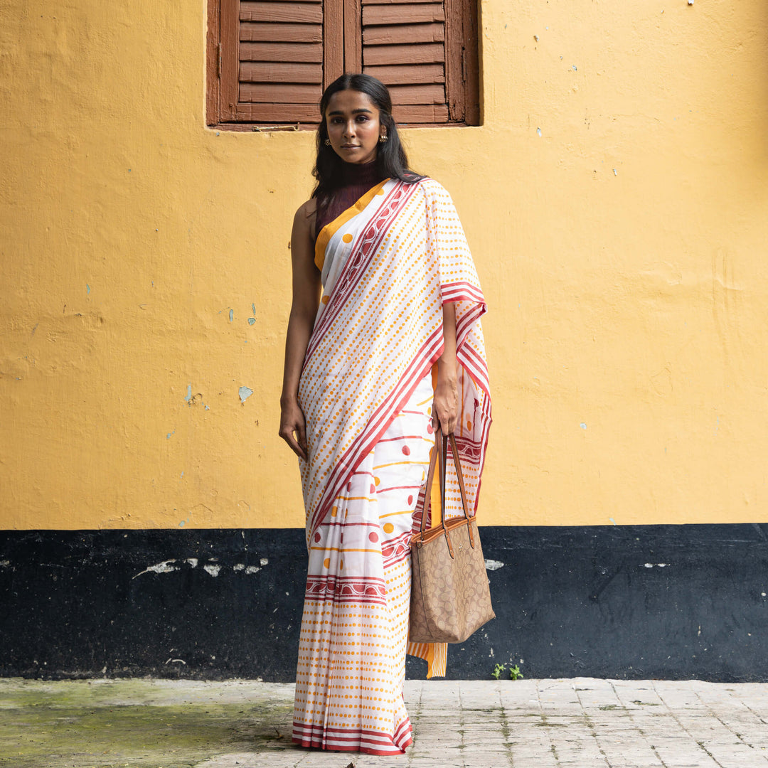 Chai Break - Mul Cotton Hand Block Printed Saree