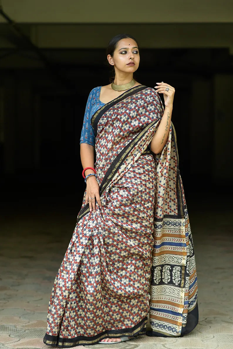 Chinese Checkers Hand Block Print Chanderi Silk Saree