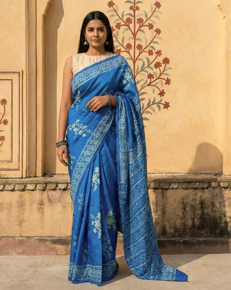 Blue Reva Hand Block Print Dabu Silk Saree