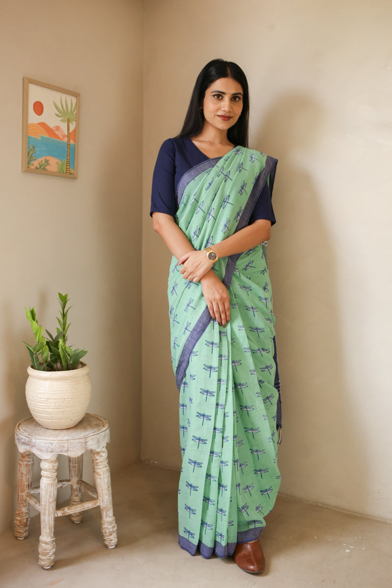 Dragonflies & Wind Handwoven Mulmul Cotton Printed Saree