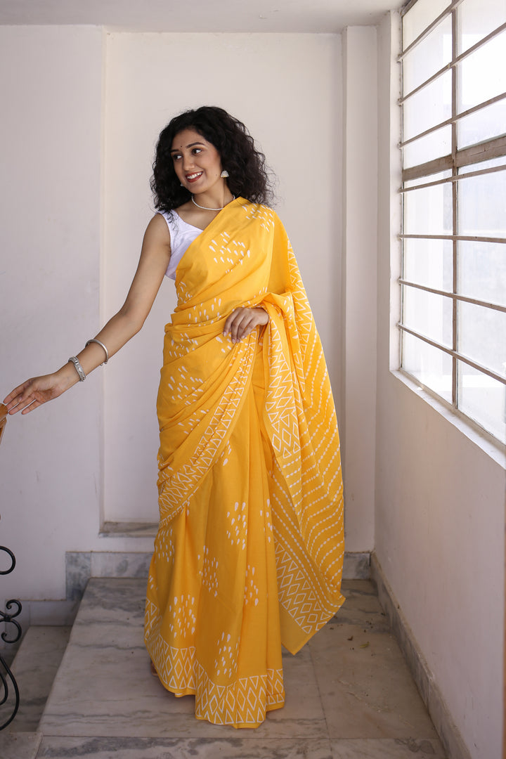 Drizzle in Backyard - Yellow Hand Block Print Mulmul Cotton Bagru Saree
