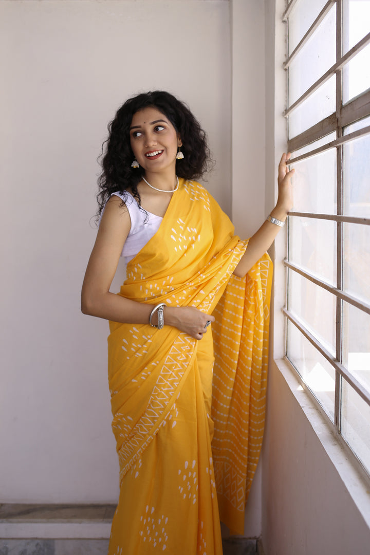 Drizzle in Backyard - Yellow Hand Block Print Mulmul Cotton Bagru Saree