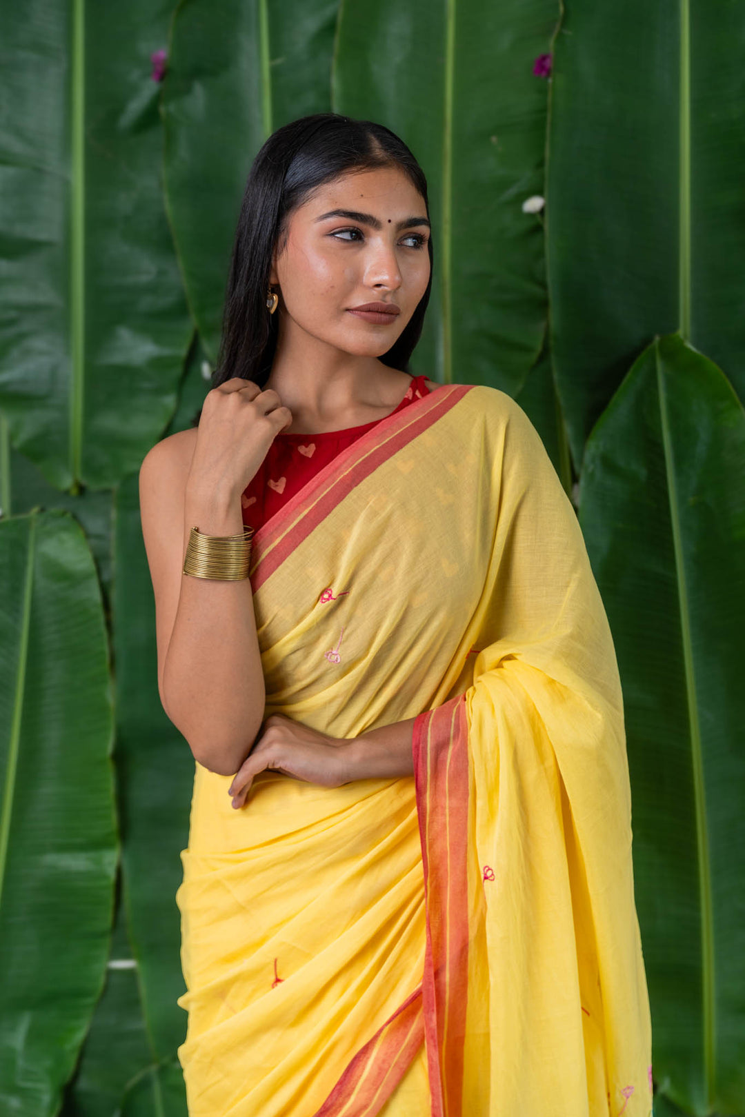 Blooming Yellow Embroidered Mulmul Cotton Saree