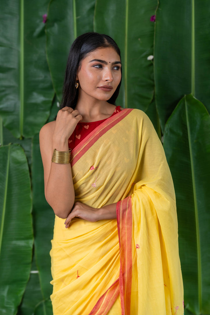 Blooming Yellow Embroidered Mulmul Cotton Saree