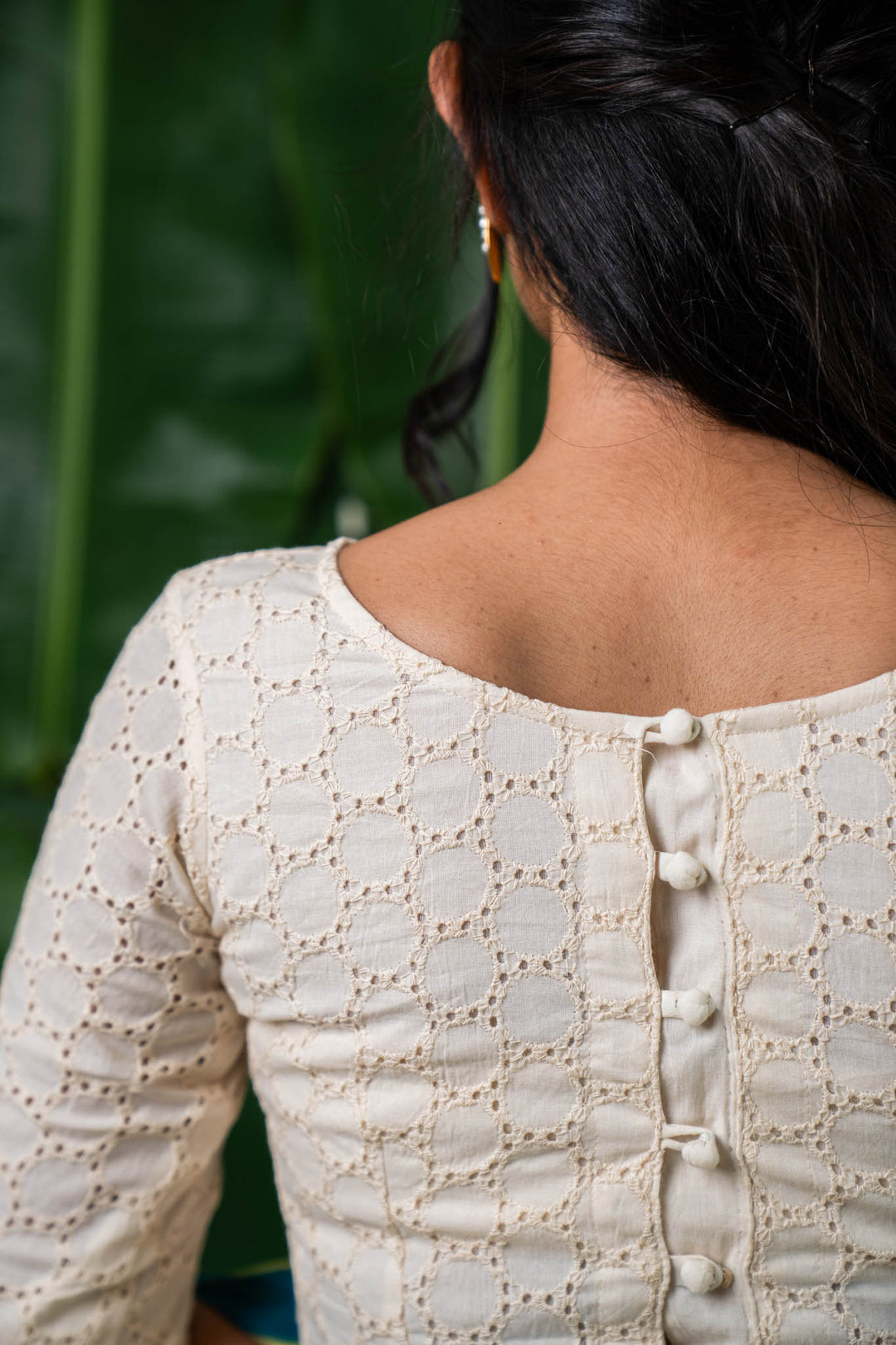 Amaira – White Eyelet Cotton Schifli Blouse with Back Buttons