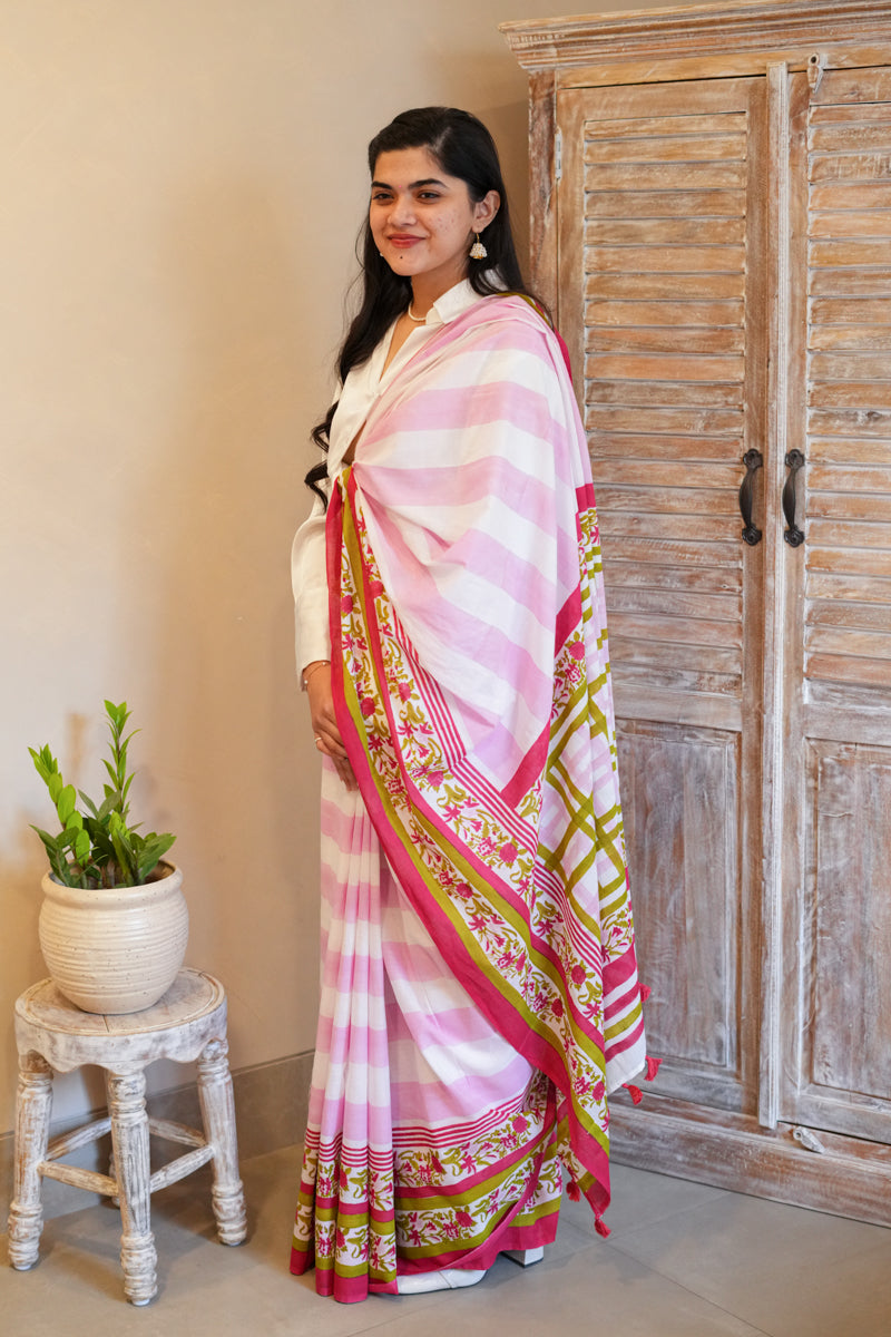 Garden of Grace Hand Block Print Mulmul Cotton Saree