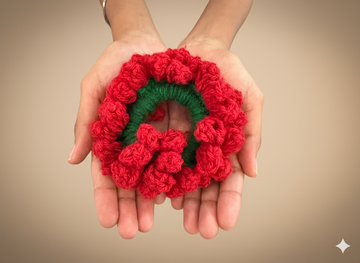Crochet Flower Gajra Scrunchie Handmade Red