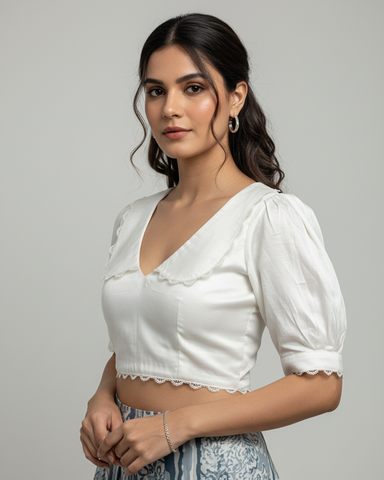 Vintage White Satin V-neck Blouse with Peter Pan Collar & Puff Sleeves