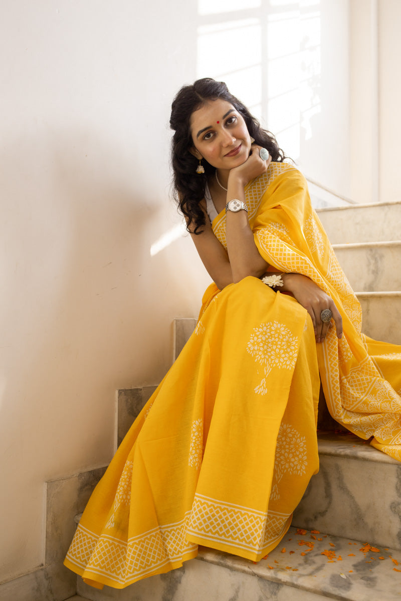 Haldi Yellow - Hand Block Print Mulmul Cotton Bagru Saree