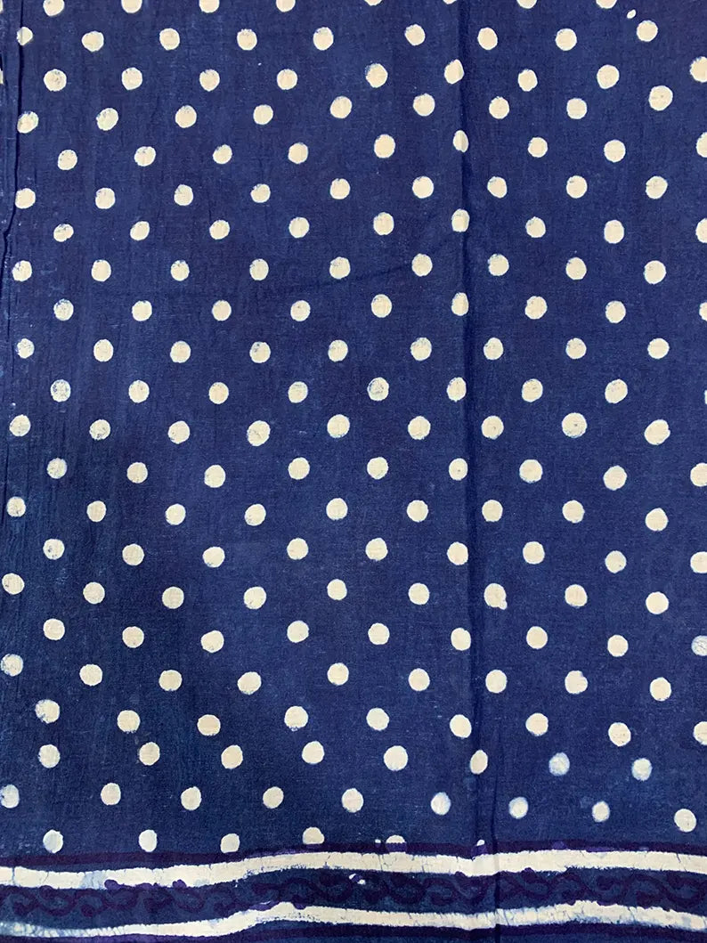 Indigo Hibiscus - Hand Block Print Mulmul Cotton Bagru Saree