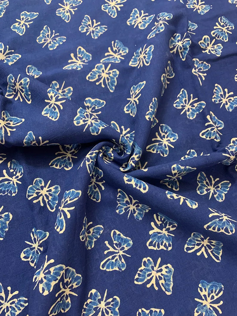 Butterflies - Hand Block Print Mulmul Cotton Bagru Saree