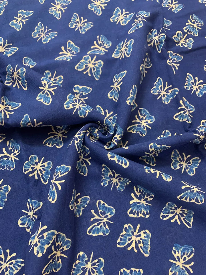 Butterflies - Hand Block Print Mulmul Cotton Bagru Saree