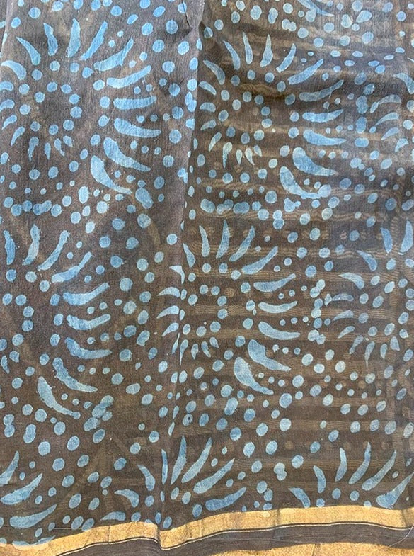 Indigo Prism - Hand Block Print Chanderi Silk Saree