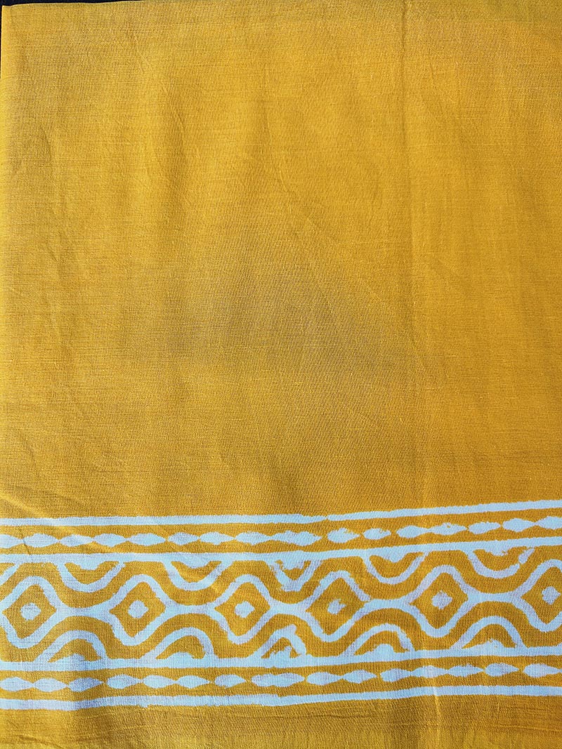 Dandelions in the Sky - Yellow Hand Block Print Mulmul Cotton Bagru Saree