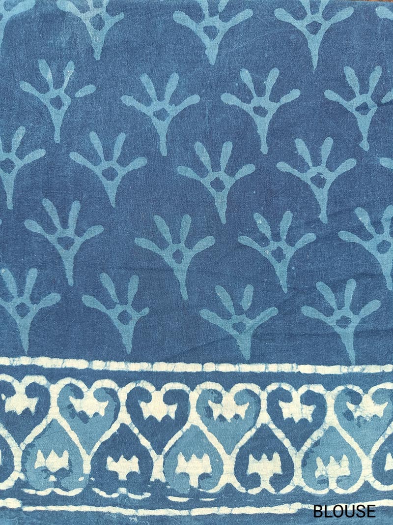 Indigo Illusion - Hand Block Print Mulmul Cotton Bagru Saree
