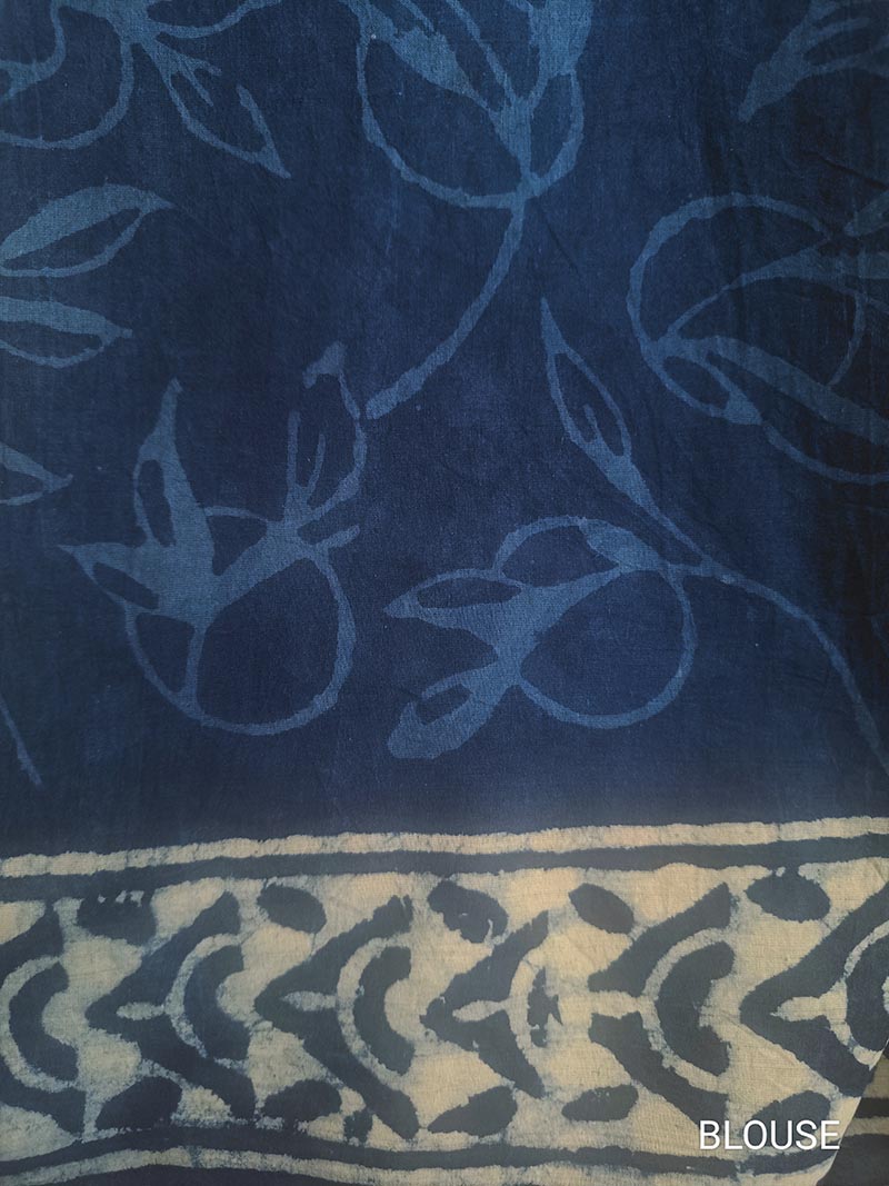 Indigo Bloom - Dabu Hand Block Print Mulmul Cotton Bagru Saree